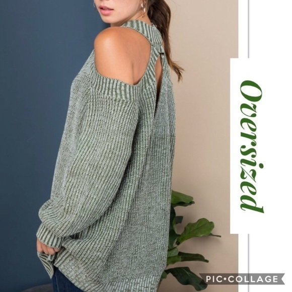 HP!! 💥🎉💥Sage Green Open Shoulders Sweater - Picture 2 of 4
